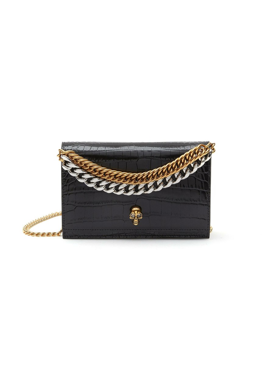 Bags * | Alexander Mcqueen Outlet Sale Skull Applique Croc Effect Leather Chain Crossbody Bag