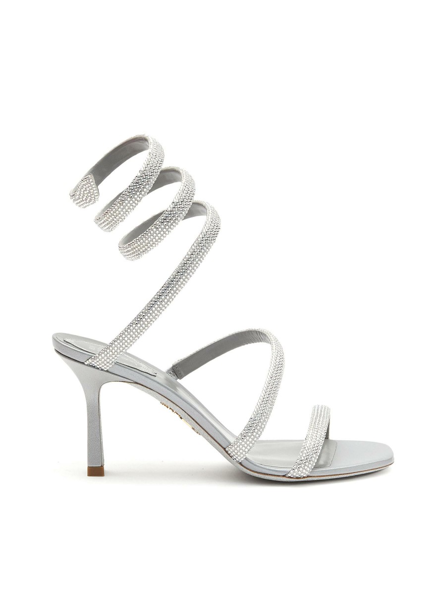 Shoes * | Rene Caovilla Hot Sale 'Cleo' 80 Thick Strass Embellished Strap Satin Heeled Sandals