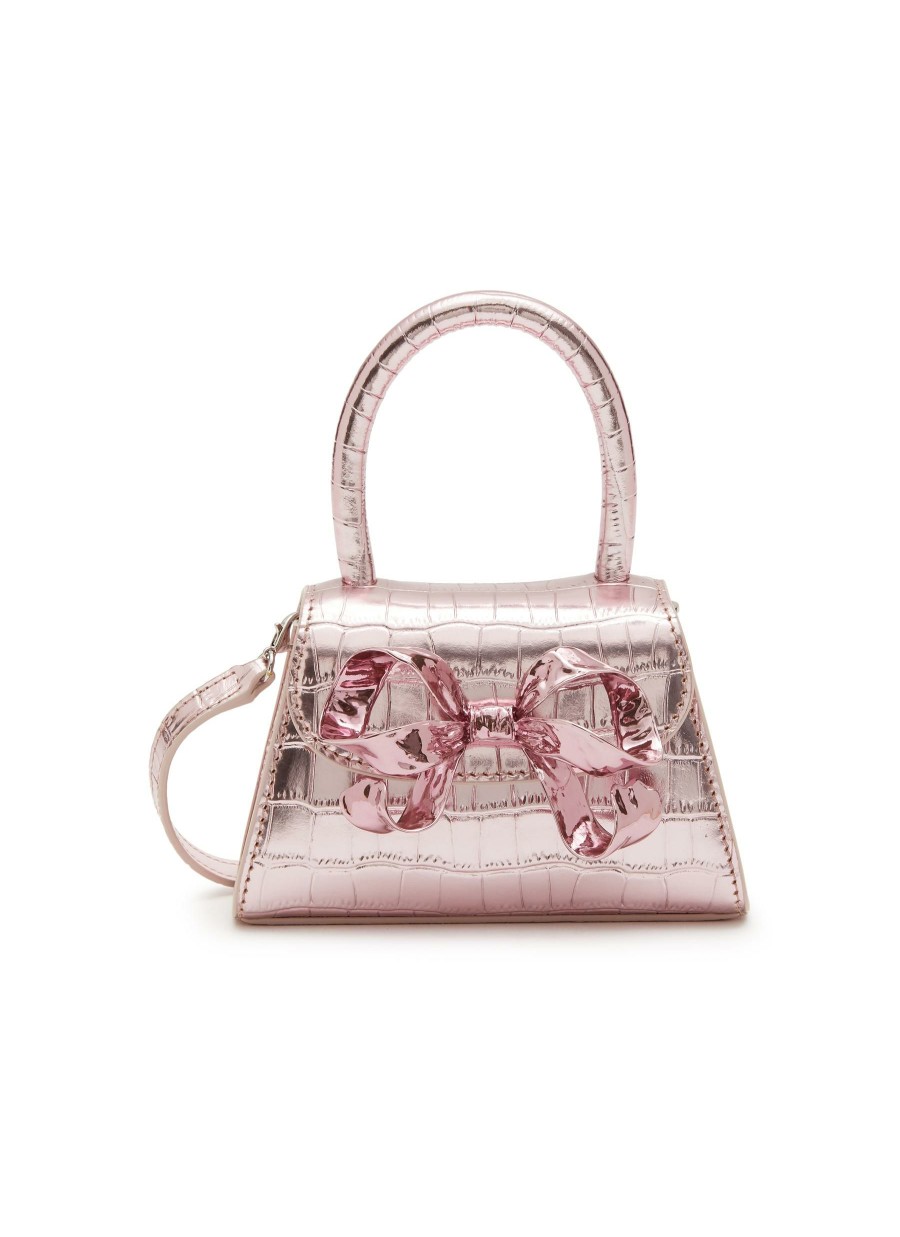 Bags * | Self-Portrait Quick Delivery 'Bow Micro' Bow Applique Croc-Embossed Leather Crossbody Bag