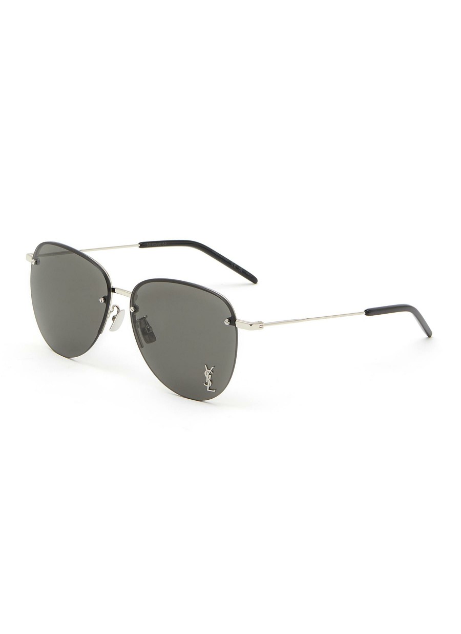 Accessories * | Saint Laurent Outlet Sale Logo Applique Grey Lens Metal Frame Oversize Aviator Sunglasses