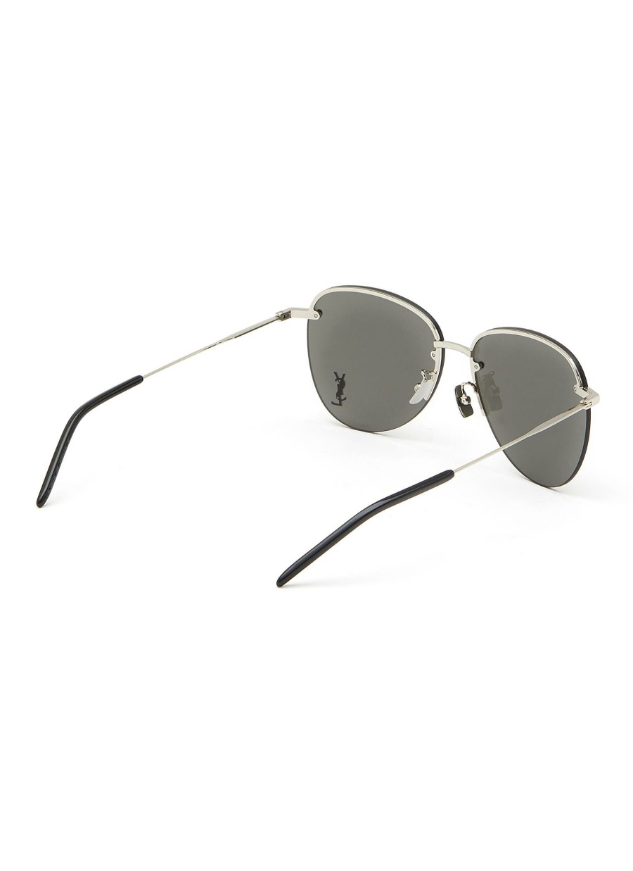 Accessories * | Saint Laurent Outlet Sale Logo Applique Grey Lens Metal Frame Oversize Aviator Sunglasses