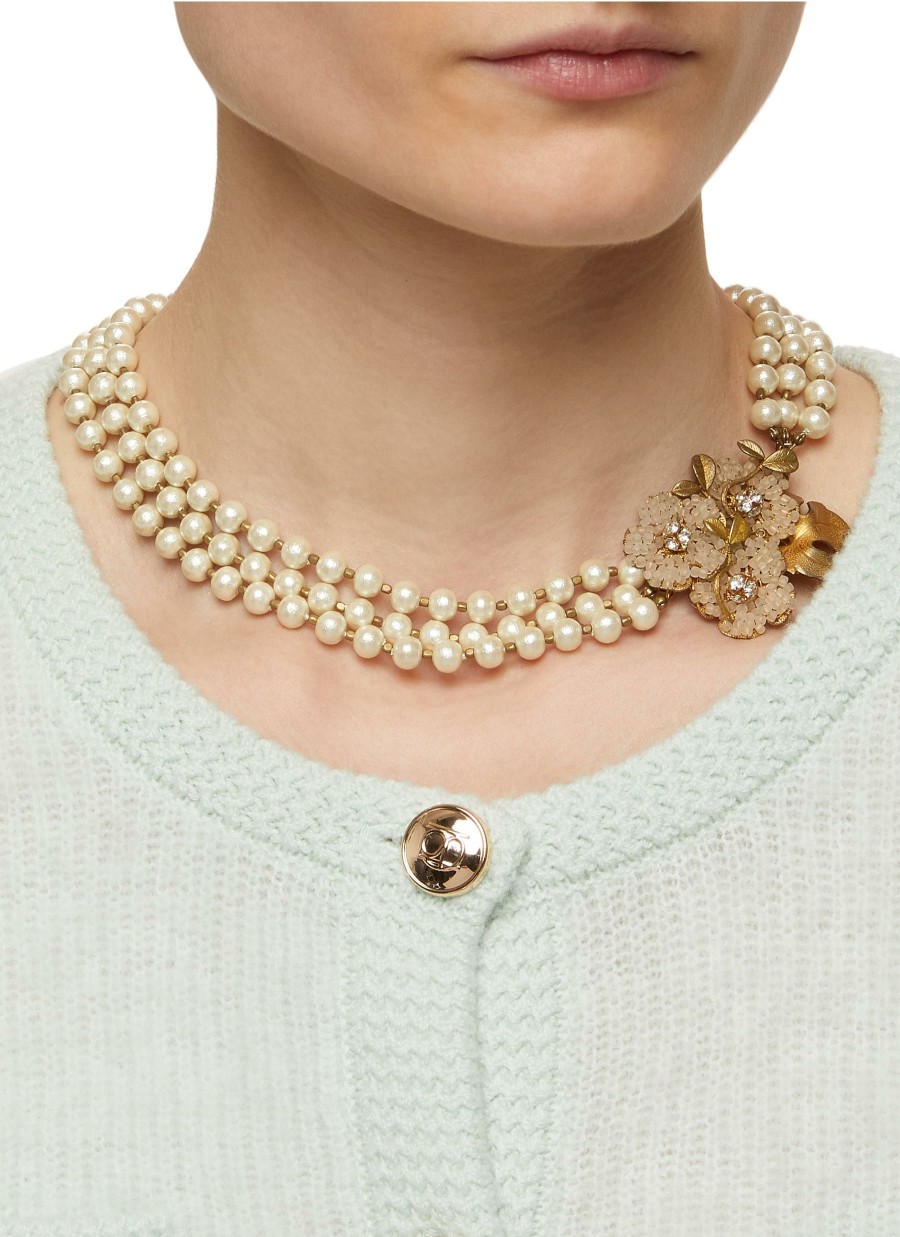 Accessories * | Monshiro Flash Sale 'Cotton Pearl Sakura' Gold Plated Metal Glass Bead Triple Row Necklace