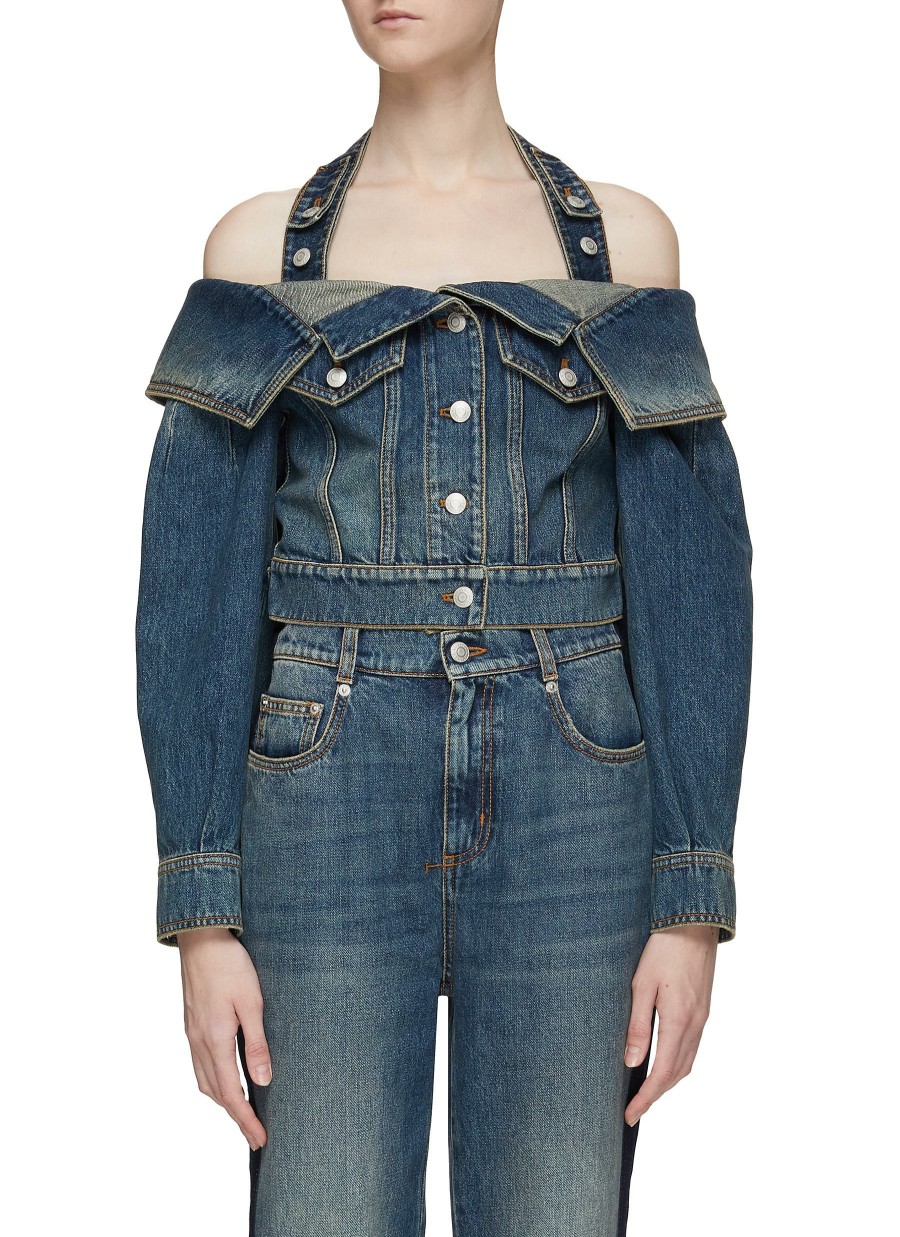 Clothing * | Alexander Mcqueen Crazy Deals Long Sleeve Cold Shoulder Puff Sleeve Denim Top