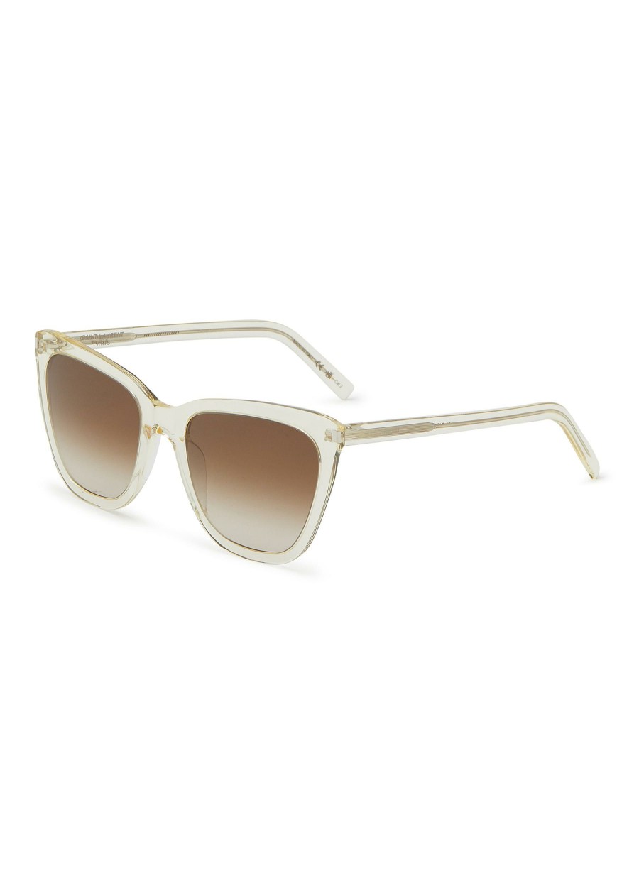 Accessories * | Saint Laurent Shop Brown Lens Acetate Angular Frame Logo Temple Cat Eye Sunglasses