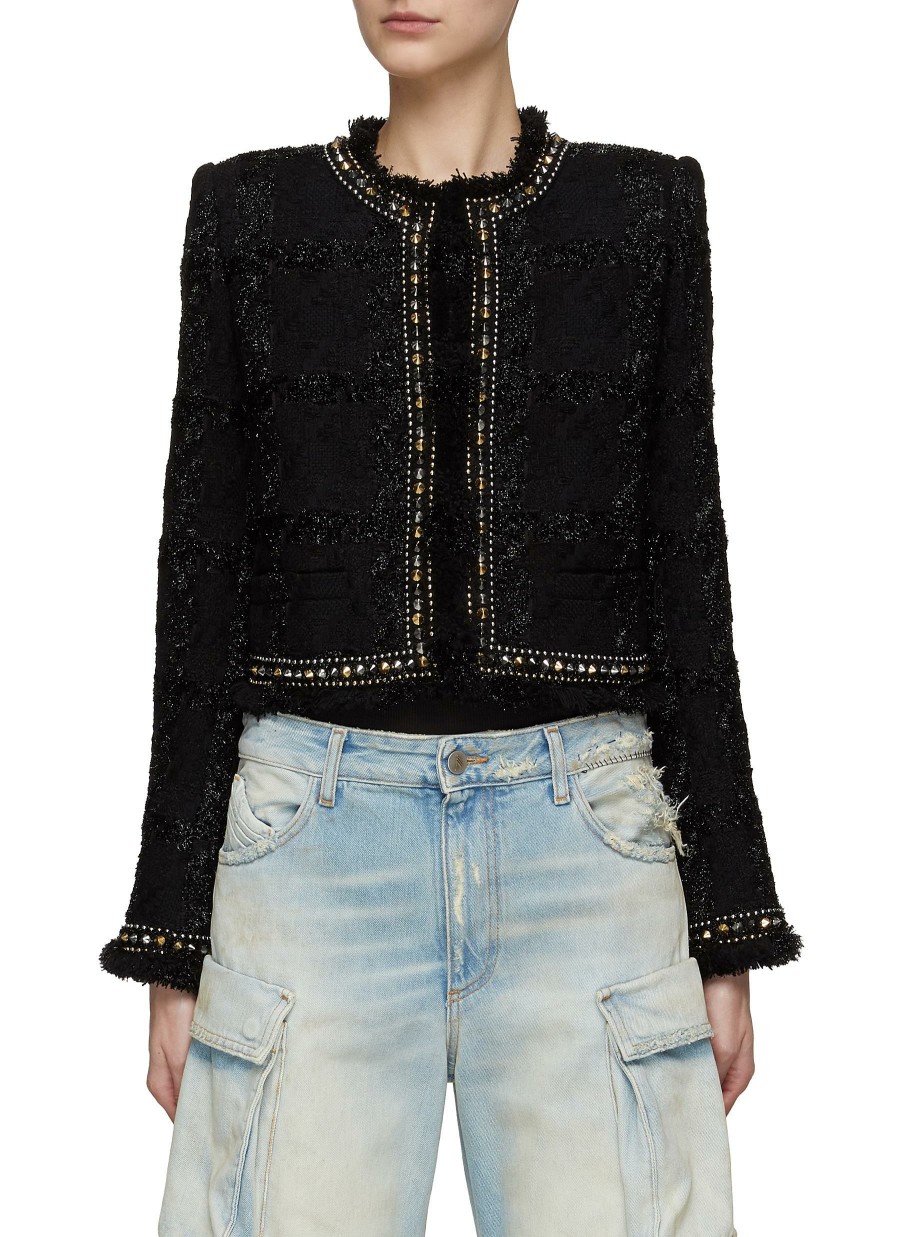 Clothing * | Versace Flash Sale Stud Embellished Frayed Edge Lurex Tweed Jacket