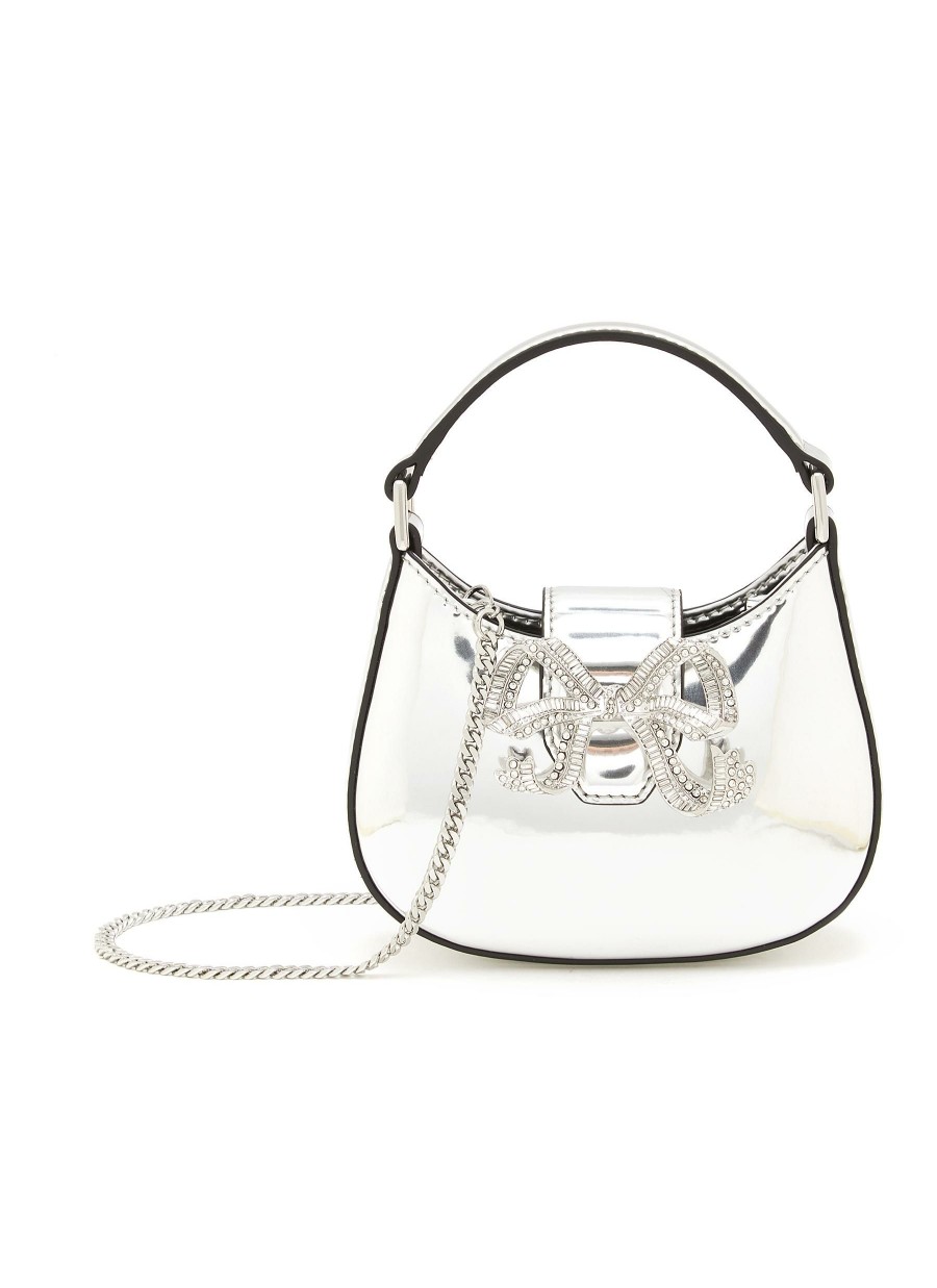 Bags * | Self-Portrait Hot Sale Micro 'Bow Curve' Stone Embellished Leather Hobo Bag