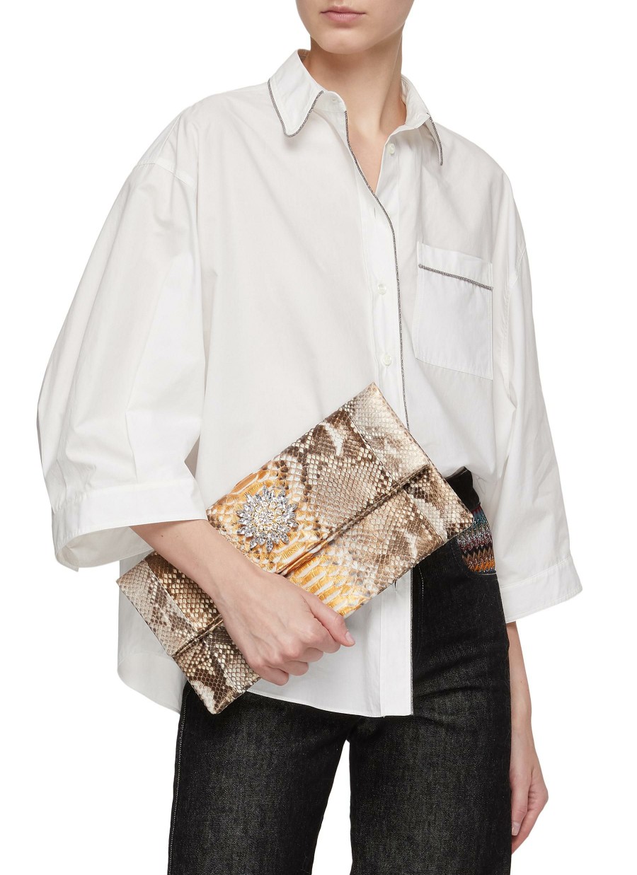 Bags * | Suzette Closeout Sale Medium 'Henri' Brooch Python Leather Clutch