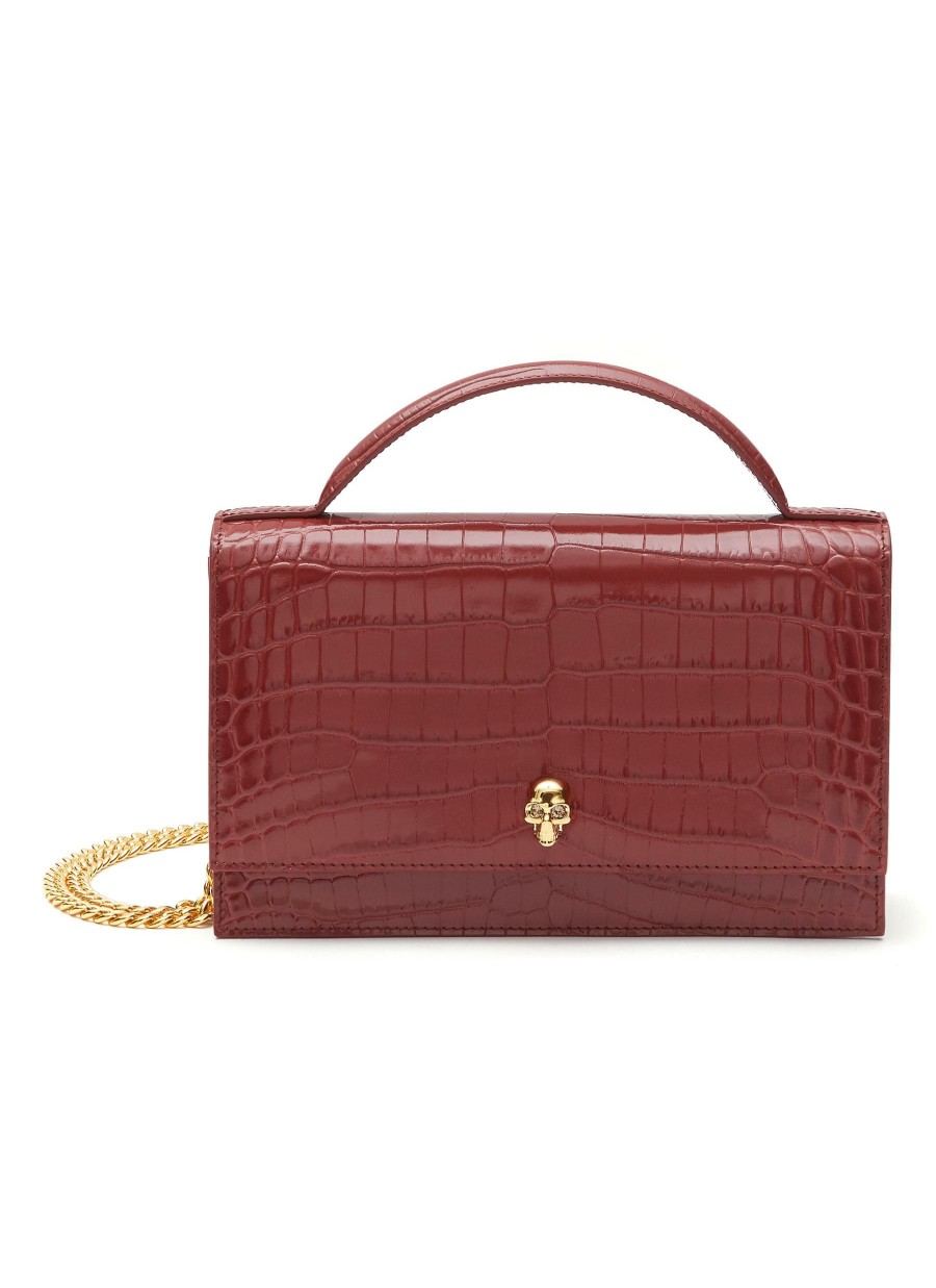 Bags * | Alexander Mcqueen Crazy Deals Skull Applique Croc Effect Leather Top Handle Chain Crossbody Bag