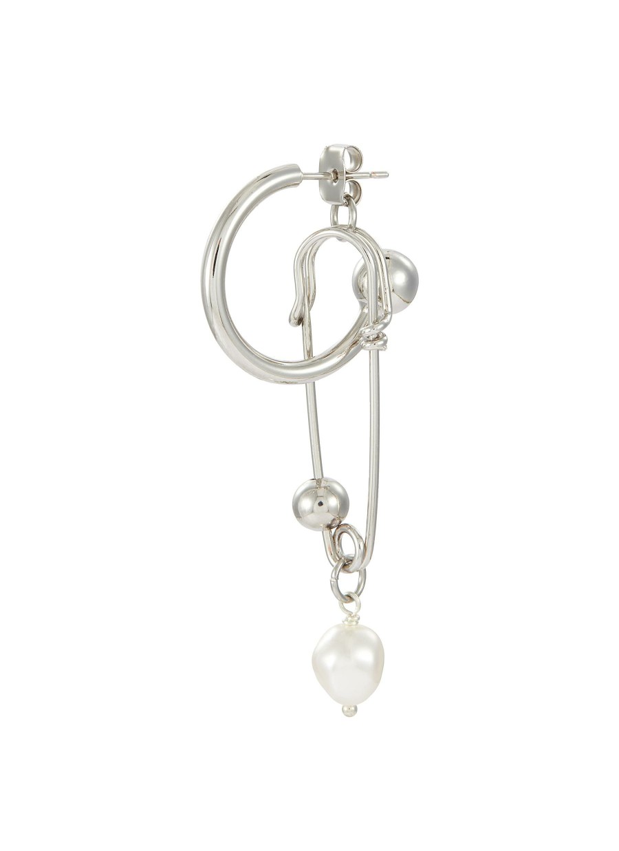 Accessories * | Justine Clenquet Excellent Quality Silver Toned Brass Pearl Safety Pin Charm Earring