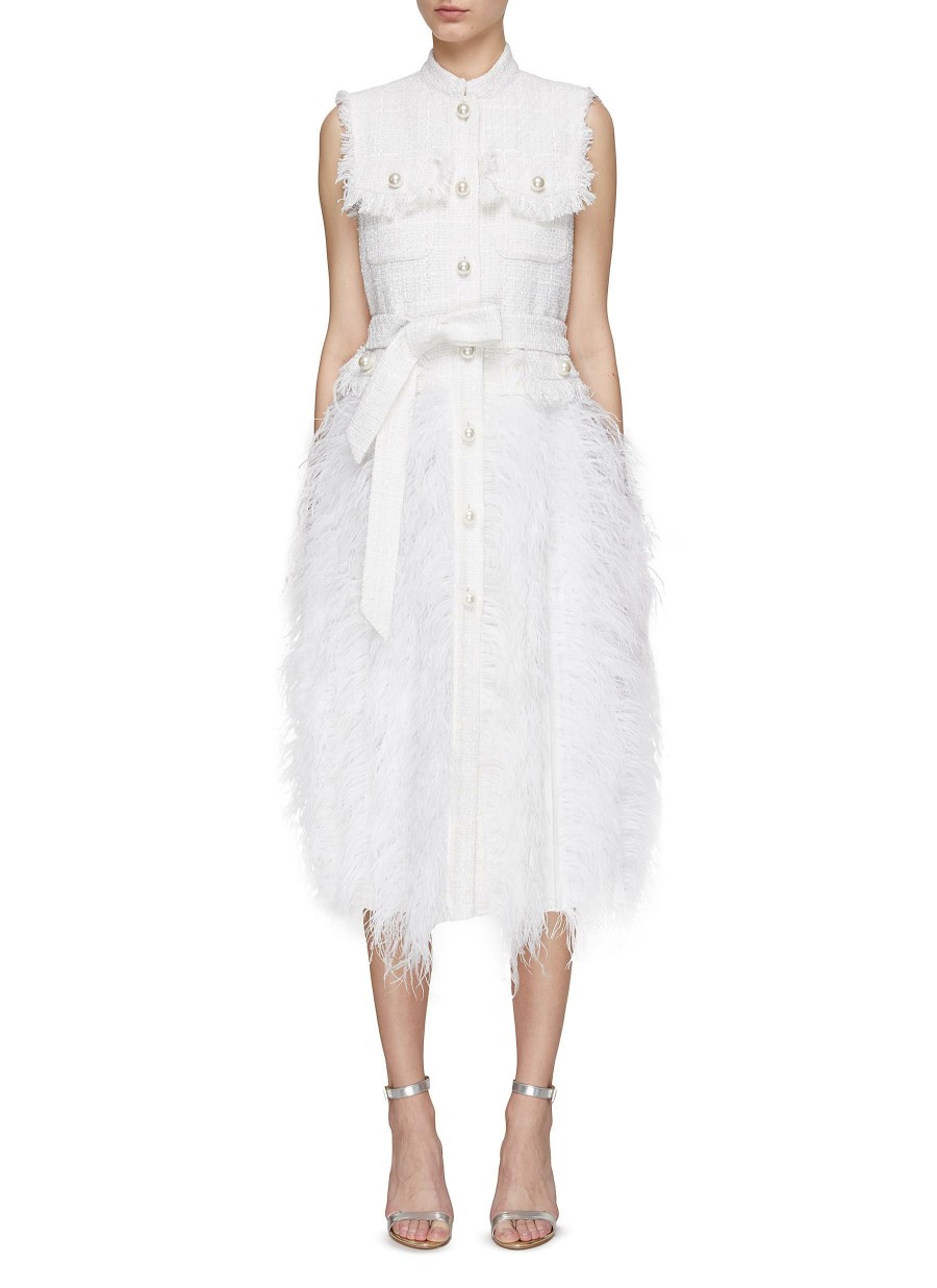 Clothing * | Huishan Zhang Online 'Wyatt' Faux Pearl Embellished Feather Sleeveless Tweed Midi Dress