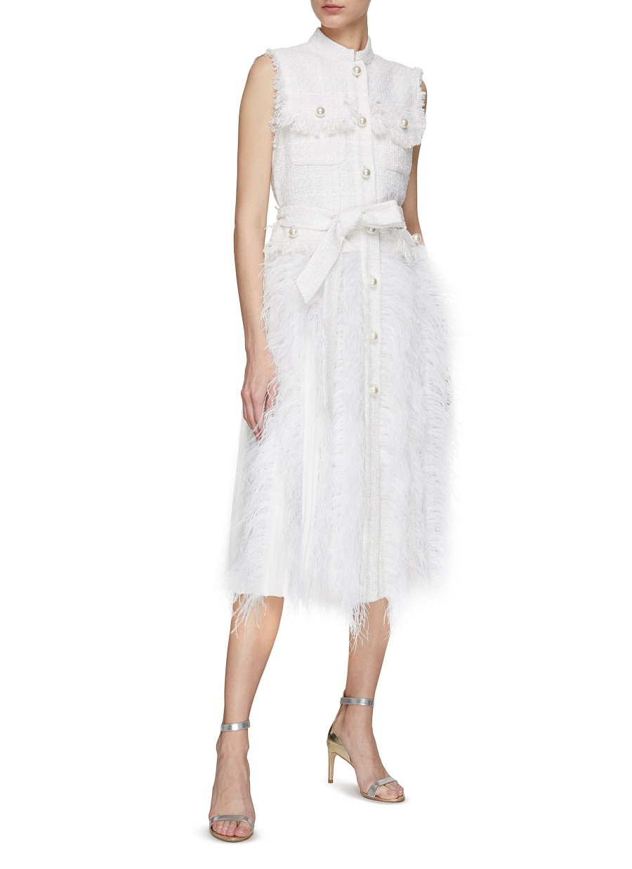 Clothing * | Huishan Zhang Online 'Wyatt' Faux Pearl Embellished Feather Sleeveless Tweed Midi Dress